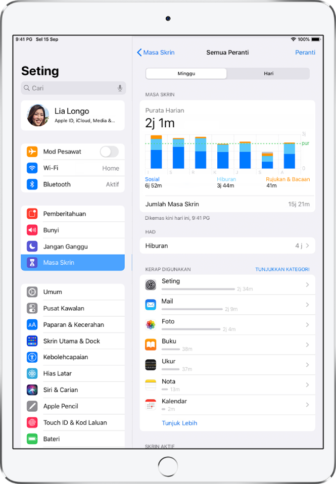 Laporan Mingguan Masa Skrin, menunjukkan jumlah masa yang diluangkan pada app, mengikut kategori dan mengikut app.