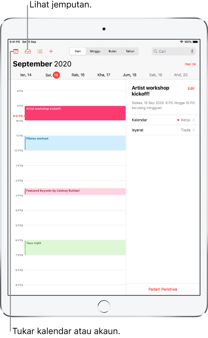 Kalendar dalam paparan hari. Ketik butang di atas untuk menukar paparan antara Hari, Minggu, Bulan dan Tahun. Ketik butang Kalendar untuk menukar kalendar atau akaun. Ketik butang Peti Masuk, berada di bahagian kiri atas, untuk melihat jemputan.