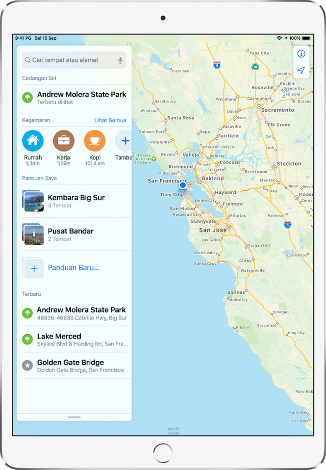 Kad carian muncul di sebelah kiri peta. Bahagian Panduan Saya kelihatan di bawah baris Kegemaran. Dalam bahagian Panduan Saya ialah panduan yang dinamakan “Perjalanan Big Sur” dan “Pusat Bandar” dan pilihan untuk mencipta panduan baru.