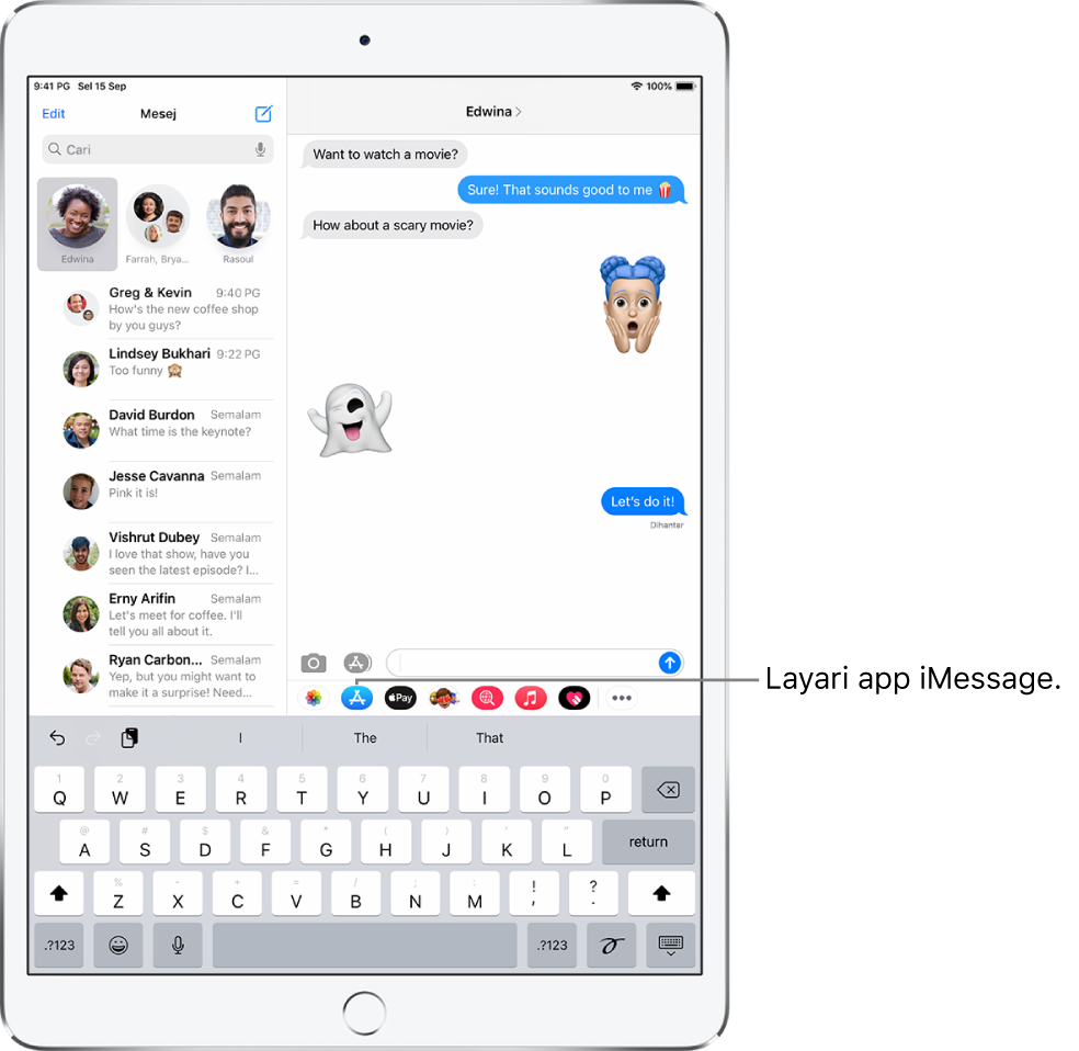 Tetingkap Mesej, dengan butang Pelayar App dipilih. Laci app terbuka menunjukkan pelekat emotikon.
