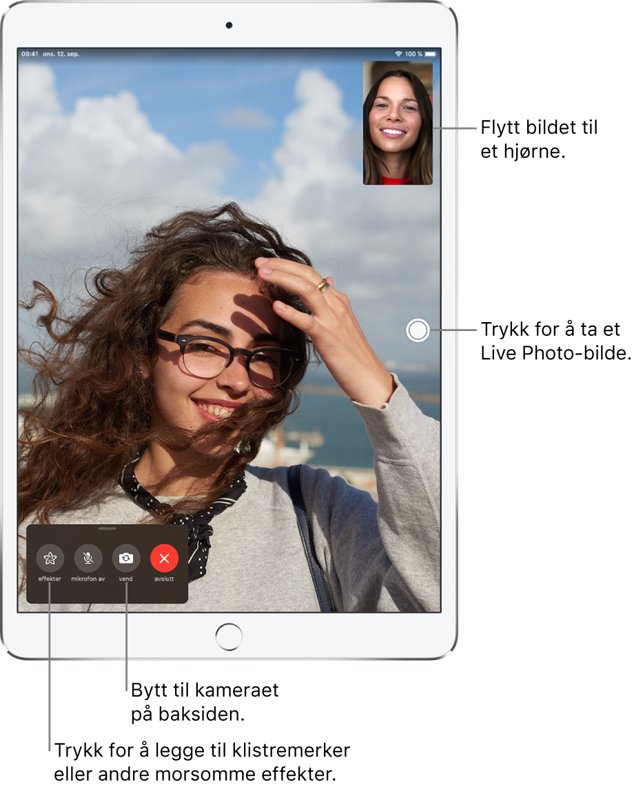 FaceTime-skjermen som viser en samtale. Bildet av deg vises i en liten firkant øverst til høyre, og bildet av den andre personen vises på resten av skjermen. Nederst på skjermen er knappene Effekter, Lyd av, Bytt kamera og Avslutt.