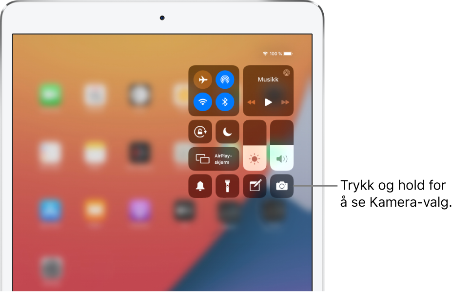 Kontroller for flymodus, mobildata, Wi-Fi og Bluetooth i gruppen øverst til venstre i Kontrollsenter på Wi-Fi + Cellular-iPad-modeller. En bildetekst til Kamera-kontrollen om å trykke og holde på Kamera-symbolet (nederst til høyre) for å se flere valg i Kamera.