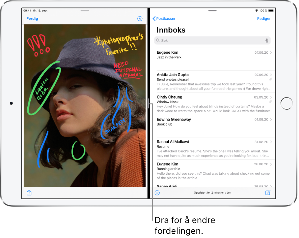 En grafikk-app er åpnet på venstre siden av skjermen, og Mail-appen er åpnet på høyre side. Teksten «Dra for å endre fordelingen» vises ved den mørke linjen mellom dem.