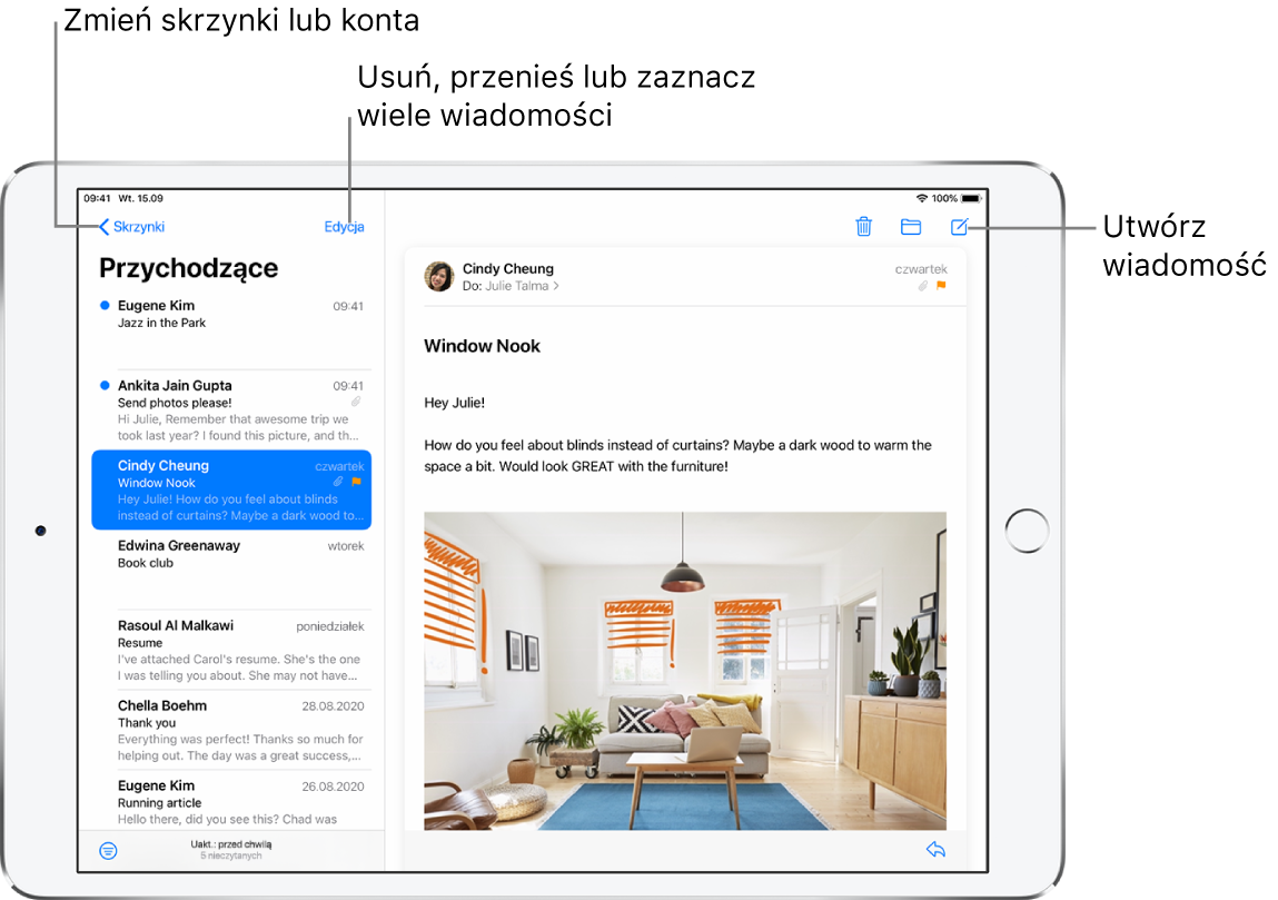 Skrzynka odbiorcza Mail: lista wiadomości po lewej oraz otwarty wątek po prawej. W lewym górnym rogu znajduje się przycisk Skrzynki, który pozwala przechodzić między skrzynkami pocztowymi. W lewym dolnym rogu znajduje się przycisk filtrów, który pozwala wyświetlać tylko określone wiadomości email. W prawym górnym rogu znajduje się przycisk tworzenia nowej wiadomości.