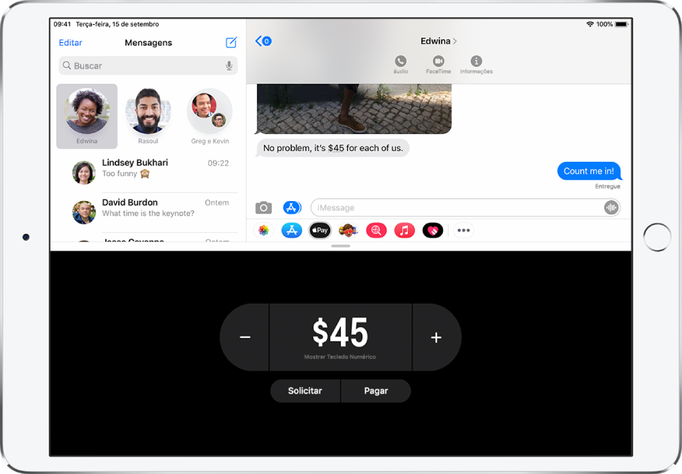 Conversa do iMessage com o app Apple Pay aberto na parte inferior.