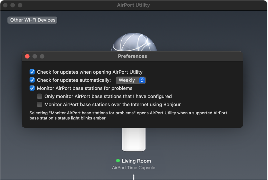 AirPort Utility preferences, showing the “Check for updates when opening AirPort Utility,” “Check for updates automatically,” and “Monitor AirPort base stations for problems” checkboxes.