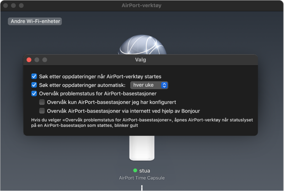 AirPort-verktøy-valg, som viser avkrysningsrutene «Søk etter oppdateringer når AirPort-verktøy startes», «Søk etter oppdateringer automatisk» og «Overvåk problemstatus for AirPort-basestasjoner».