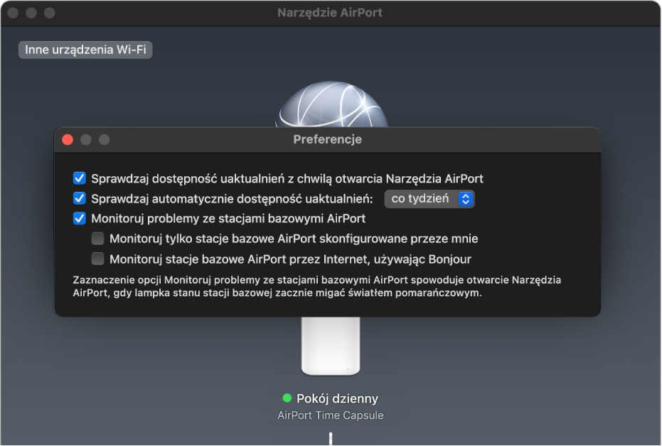 Preferencje Narzędzia AirPort z widocznymi polami wyboru Sprawdzaj dostępność uaktualnień z chwilą otwarcia Narzędzia AirPort, Sprawdzaj automatycznie dostępność uaktualnień oraz Monitoruj problemy ze stacjami bazowymi AirPort.