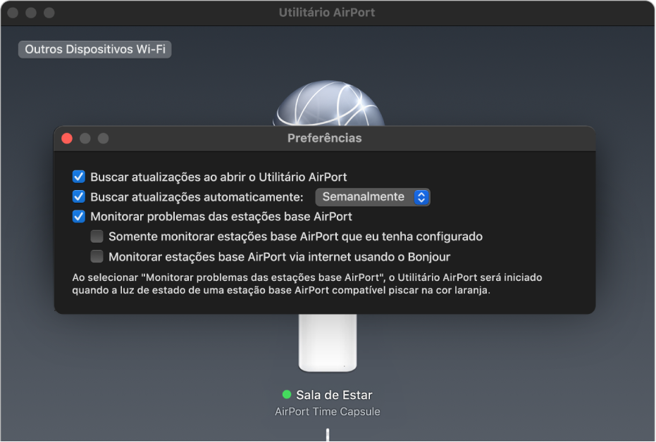 Preferências do Utilitário AirPort, mostrando as caixas de seleção “Buscar atualizações ao abrir o Utilitário AirPort”, “Buscar atualizações automaticamente” e “Monitorar problemas das estações base AirPort”.