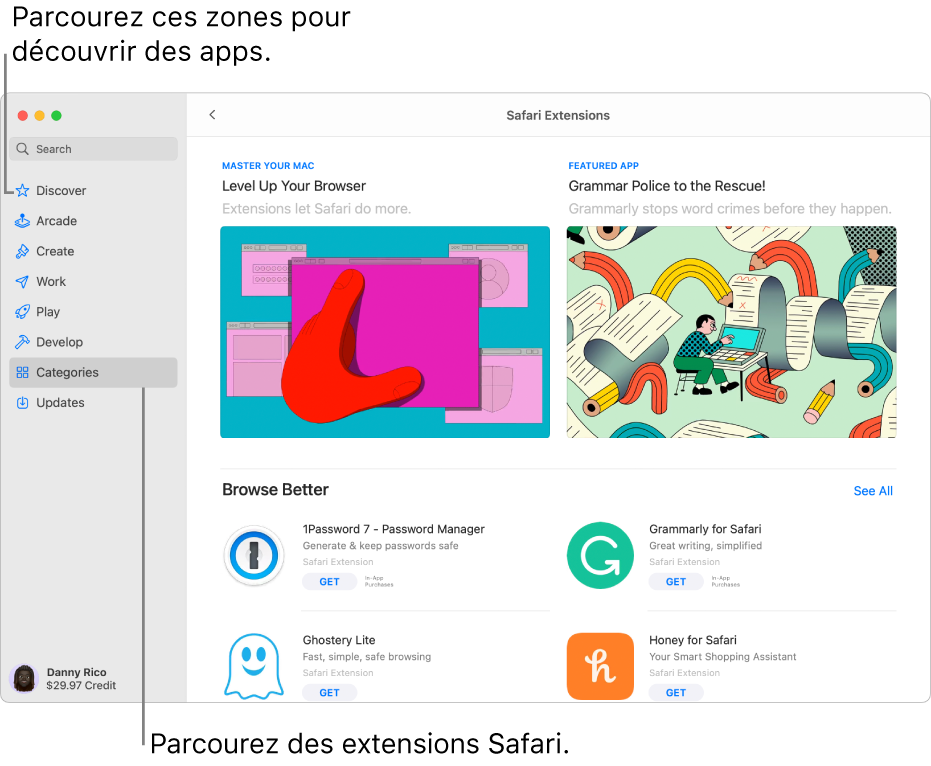 Page principale des extensions Safari du Mac App Store. La barre latérale située à gauche comprend des liens vers d’autres pages : Découvrir, Arcade, Créer, Travailler, Jouer, Développer, Catégories et Mises à jour. À droite se trouvent les extensions Safari disponibles.