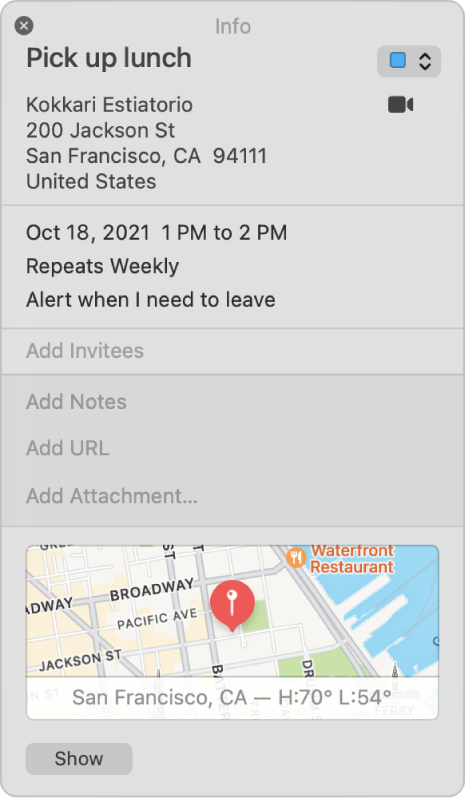 A Calendar event Info window. The event details are shown, including the location name and address and a small map.