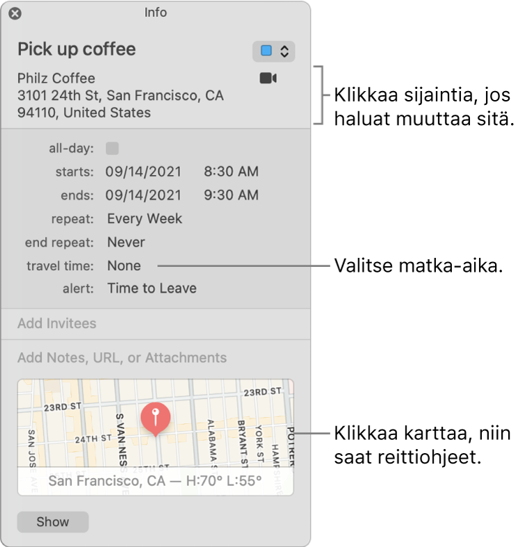 Tapahtuman Tiedot-ikkuna, jossa on osoitin Matka-aika-ponnahdusvalikon päällä. Valitse matka-aika ponnahdusvalikosta. Muuta sijaintia klikkaamalla sitä. Klikkaamalla karttaa saat reittiohjeita