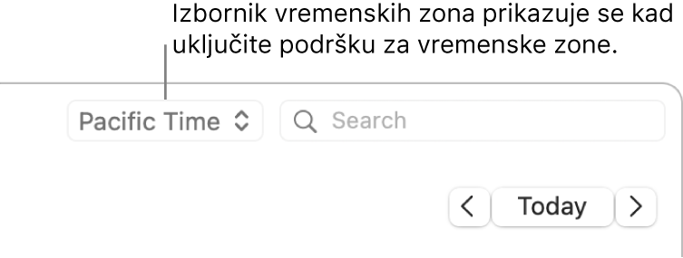 Izbornik vremenske zone pojavljuje se s lijeve strane polja za pretraživanje kada uključite podršku za vremensku zonu
