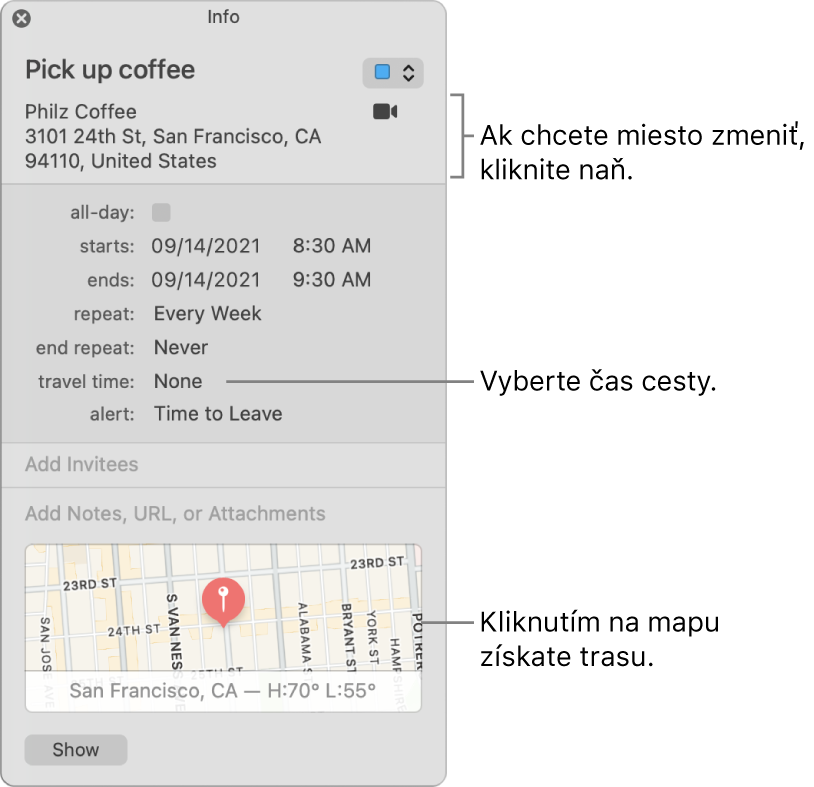 Informačné okno udalosti s kurzorom nad vyskakovacím menu Čas cesty. Čas cesty vyberiete pomocou vyskakovacích menu. Ak chcete miesto zmeniť, kliknite naň. Ak chcete zobraziť navigačné pokyny, kliknite na mapu.