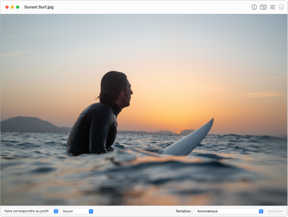 Fenêtre Utilitaire ColorSync affichant l’image d’un homme assis sur une planche de surf dans I’océan ou I’eau d’une baie.