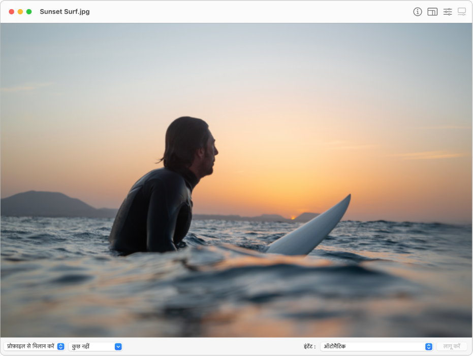 ColorSync यूटिलिटी विंडो द्वारा समुद्र या खाड़ी के पानी में किसी व्यक्ति की सर्फ़बोर्ड पर बैठे हुए इमेज दिखाई जा रही है।