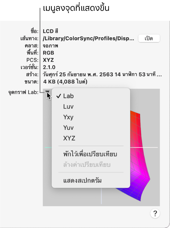 เมนูหน้าต่างที่แสดงขึ้นของจุดกราฟ Lab ที่มุมซ้ายบน