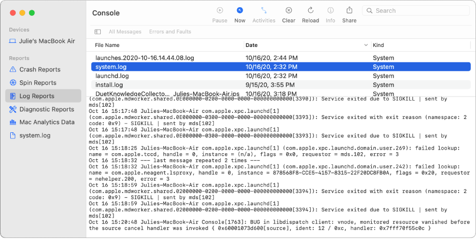The Console window with the wifi.log report selected and details below.