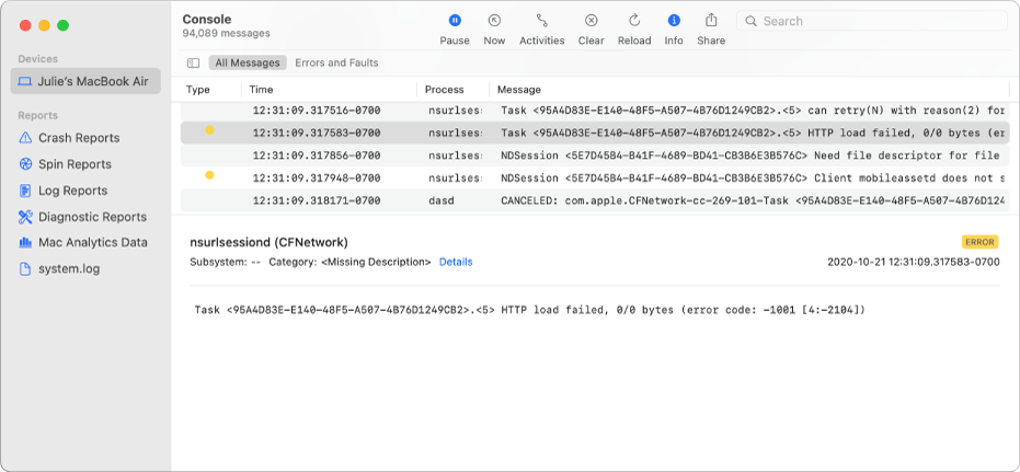 The Console window with a log message selected and details in the bottom pane.
