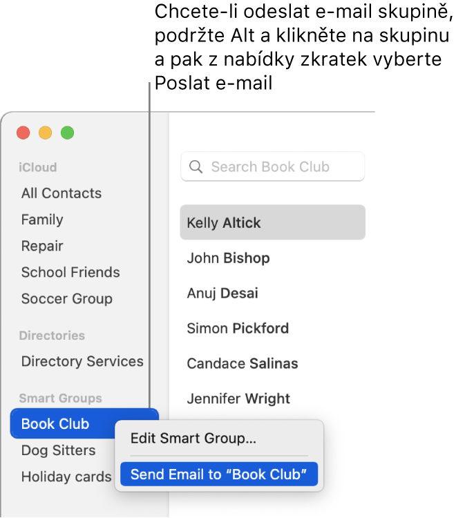 Boční panel Kontakty s otevřenou místní nabídkou obsahující příkaz pro odeslání e-mailu vybrané skupině