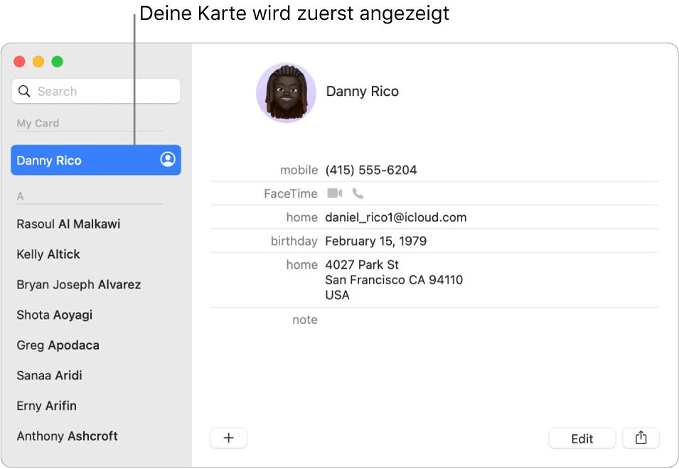 Die Seitenleiste der App „Kontakte“ mit der Kontaktkarte ganz oben