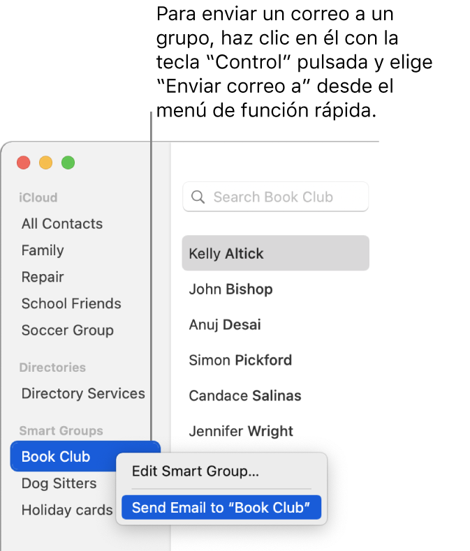 La barra lateral de Contactos que muestra el comando del menú desplegable para enviar un correo electrónico al grupo seleccionado.