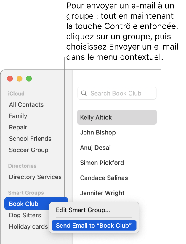 La barre latérale de Contacts affichant le menu local avec la commande permettant d’envoyer un e-mail au groupe sélectionné.