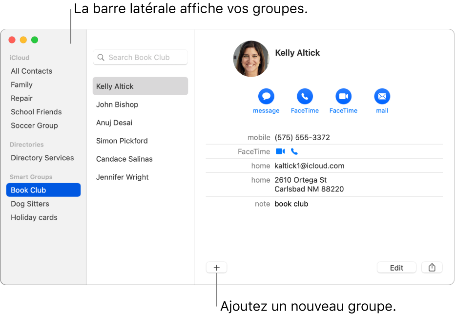 La fenêtre Contacts affichant la barre latérale avec des groupes, comme Équipe de cyclisme, et le bouton en bas de la fiche d’un contact pour ajouter un nouveau groupe.