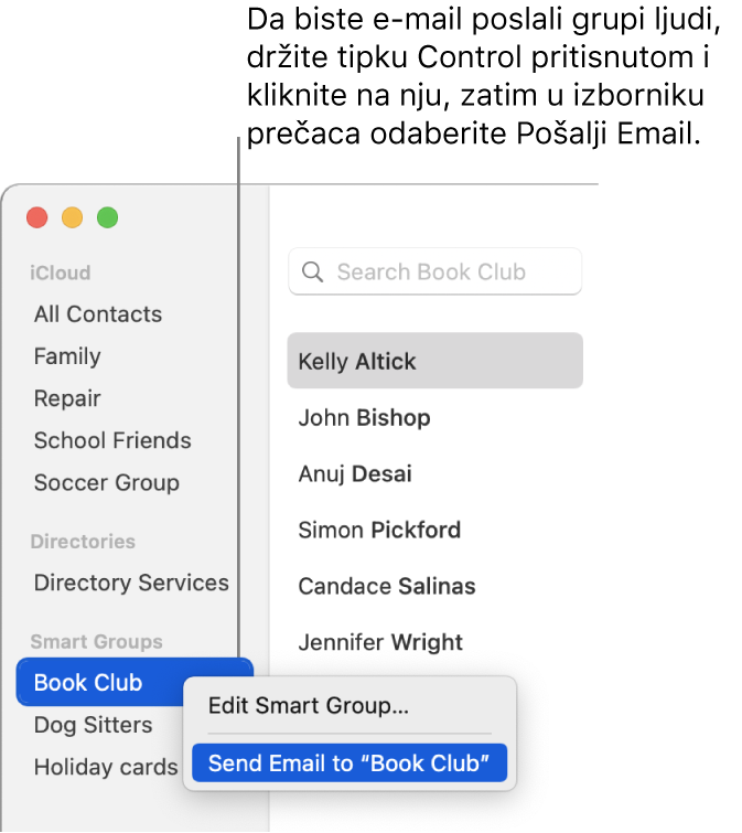 Rubni stupac aplikacije Kontakti prikazuje skočni izbornik s naredbom za slanje e-mail poruka odabranoj grupi.