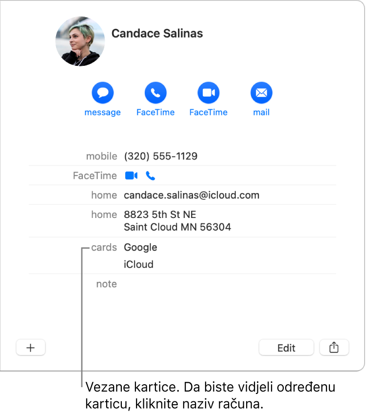 Povezana kartica s dva računa u odjeljku Kartice; da biste vidjeli određeni račun, kliknite na njegov naziv.