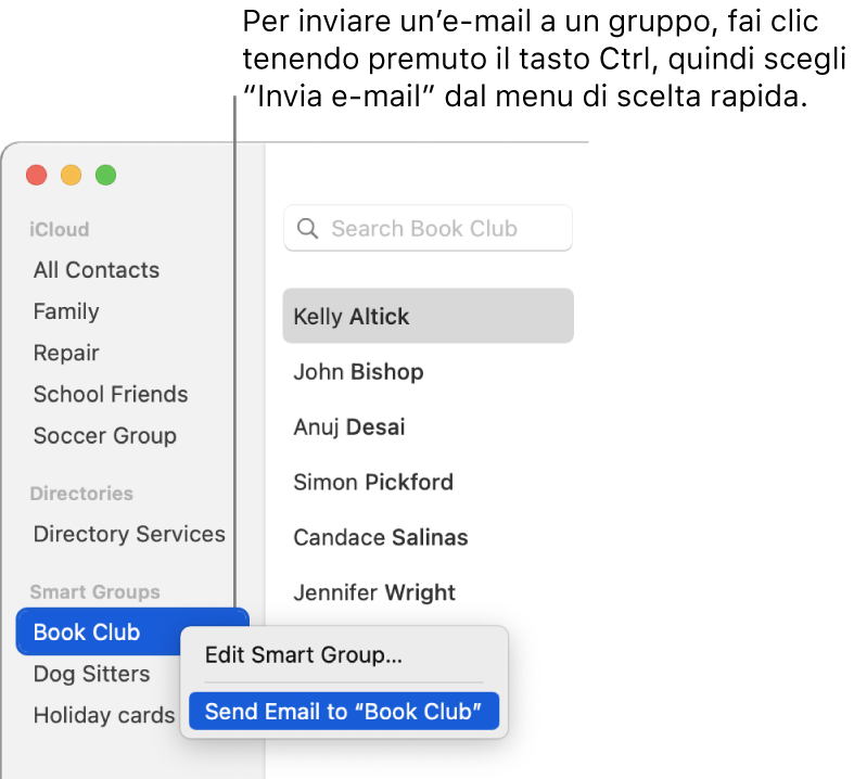 La barra laterale di Contatti con il menu a comparsa con il comando per l'invio di e-mail al gruppo selezionato.