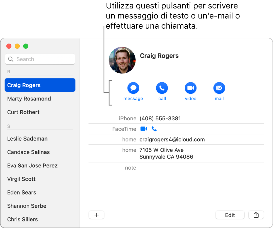 Una scheda contatto in cui sono mostrati i pulsanti posizionati sotto il nome del contatto. Puoi usarli per iniziare a scrivere un messaggio di testo o un’e-mail, oppure effettuare una chiamata audio, telefonica o una videochiamata.