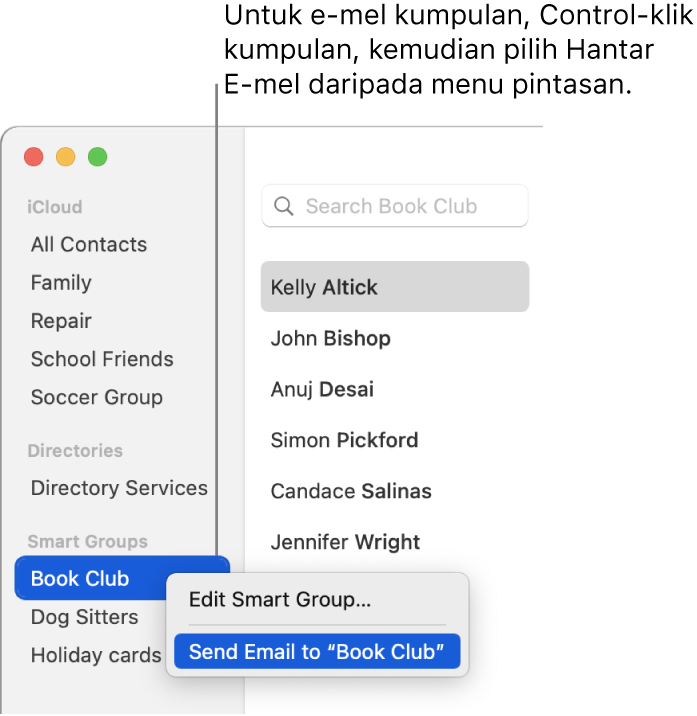 Bar sisi Kenalan menunjukkan menu timbul dengan perintah untuk menghantar e-mel kepada kumpulan dipilih.
