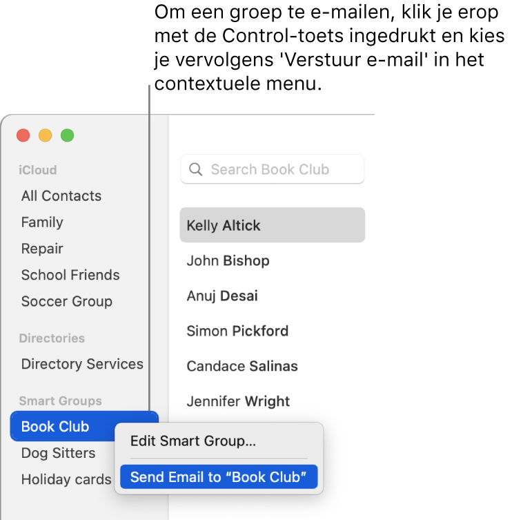 De navigatiekolom van Contacten met een venstermenu waarin het commando is geselecteerd om e-mail naar de groep te versturen.