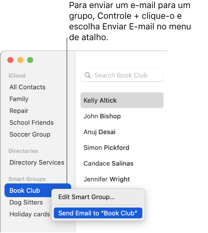 Barra lateral do Contatos mostrando o menu local com o comando para enviar um e‑mail para o grupo selecionado.