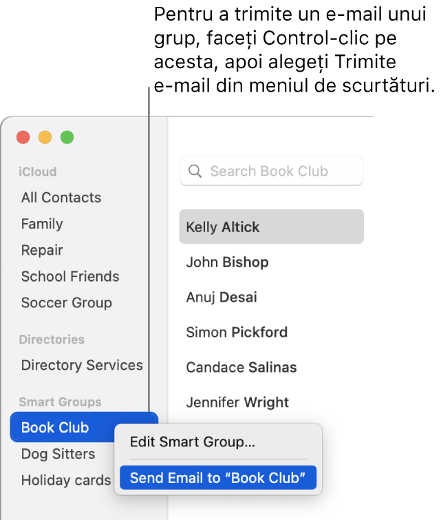Bara laterală Contacte, afișând meniul pop-up cu comanda pentru trimiterea unui e-mail către grupul selectat.