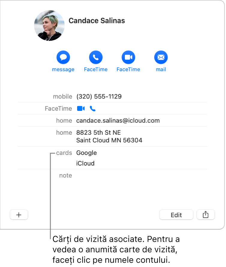 O carte de vizită asociată cu două conturi în secțiunea Cărți de vizită; pentru a vedea un cont anume, faceți clic pe numele său.