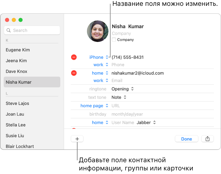 Карточка контакта с этикеткой поля, которую можно изменить, и кнопкой внизу для добавления контакта, группы или поля.