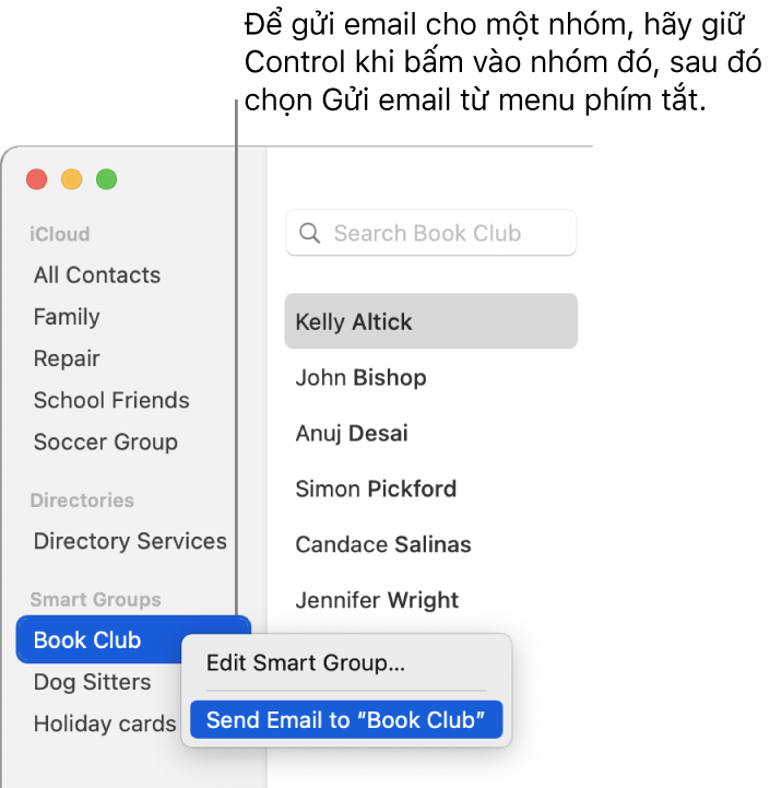 Thanh bên Danh bạ đang hiển thị menu bật lên với lệnh gửi email cho nhóm được chọn.