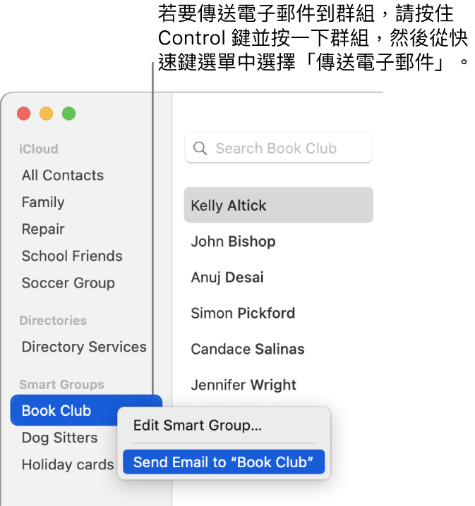 聯絡人側邊欄中顯示帶有指令的彈出式選單,以傳送電子郵件給選取的群組。