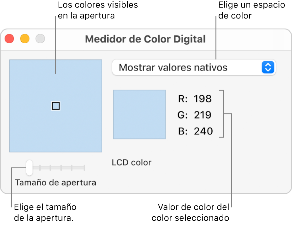 La ventana de Medidor de Color Digital muestra el color seleccionado en la apertura de la izquierda, el menú desplegable “Espacio de color”, los valores del color y el regulador “Tamaño de apertura”.
