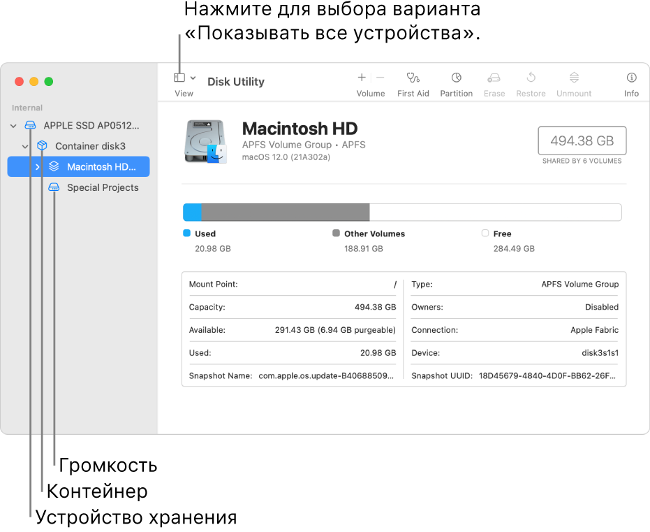 Окно Дисковой утилиты в режиме «Показывать все устройства». Показаны три тома, контейнер и устройство хранения.