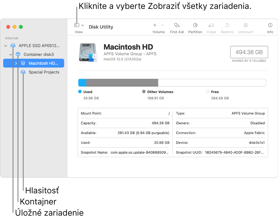 Okno Diskovej utility zobrazujúce tri oddiely, kontajner a úložné zariadenie v zobrazení Zobraziť všetky zariadenia.