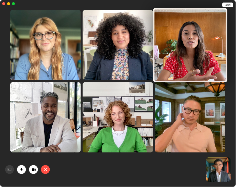 The FaceTime window in a group call with individuals shown in a grid.