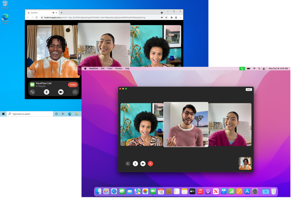 A MacBook Pro with a FaceTime group call in session. Behind it, a PC with a FaceTime on the web group call in session.