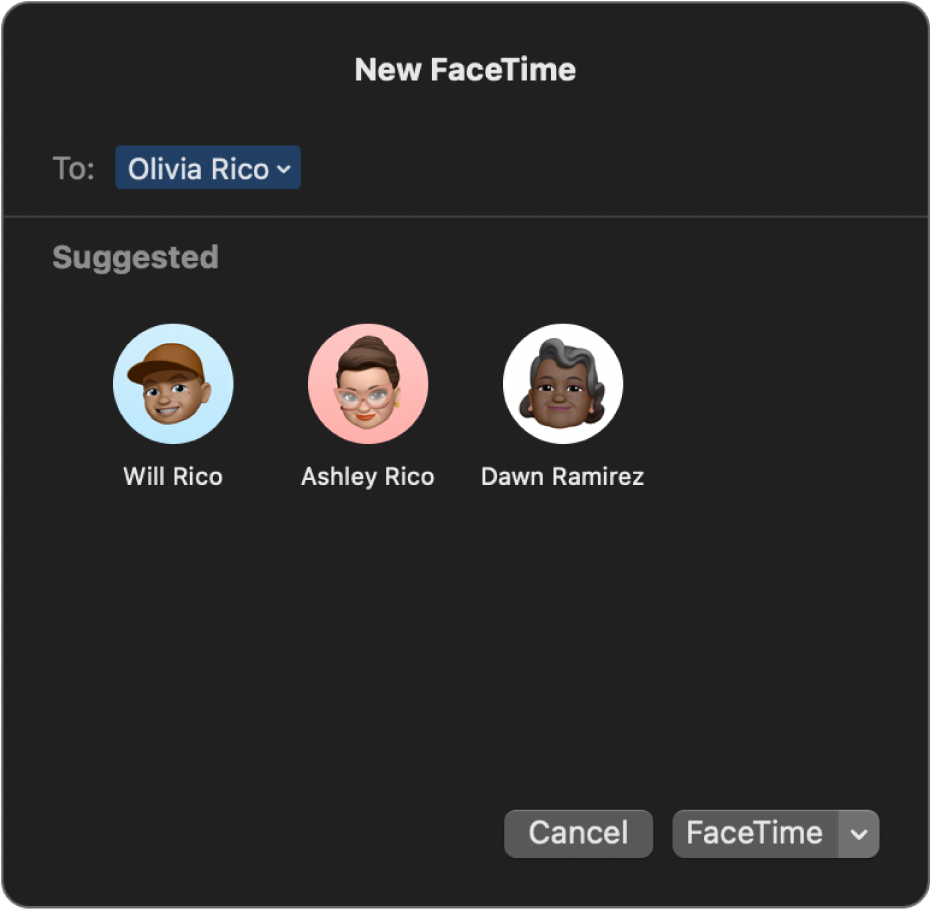 Cửa sổ FaceTime mới – nhập trực tiếp người gọi vào trường Đến hoặc chọn học từ Được đề xuất.