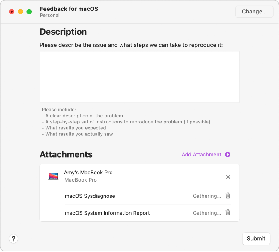 The Feedback Assistant Attach files window.