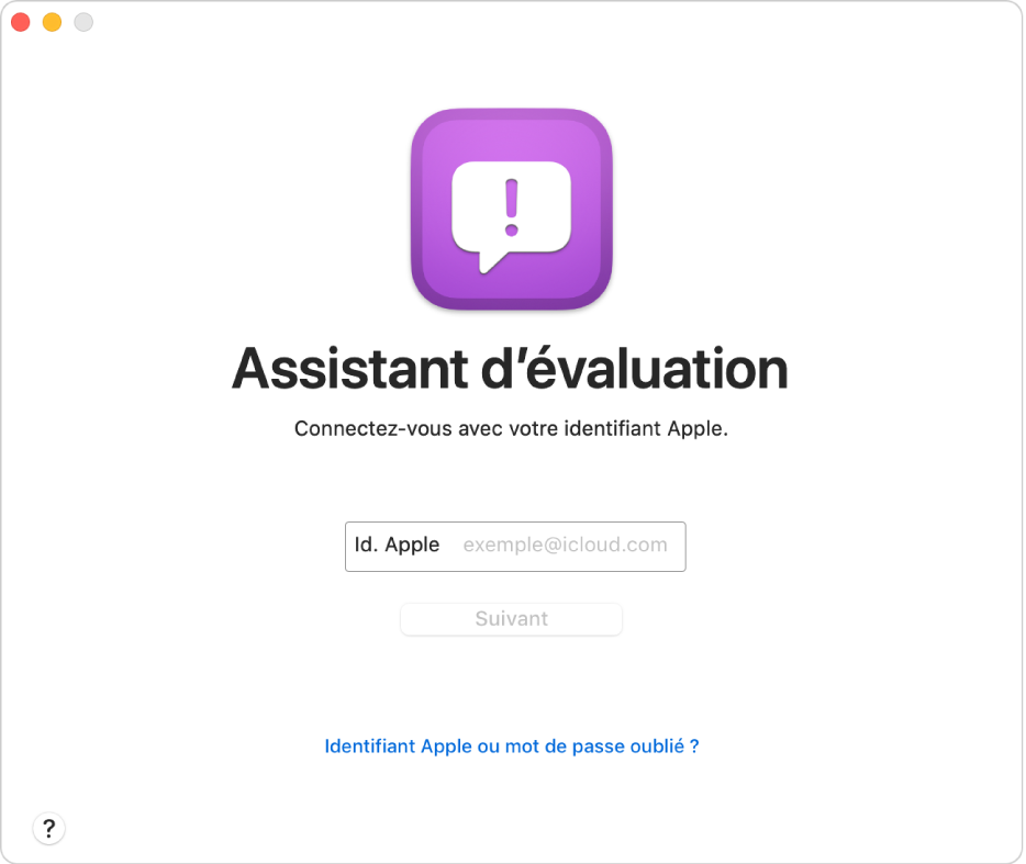 Fenêtre de connexion d’Assistant d’évaluation.