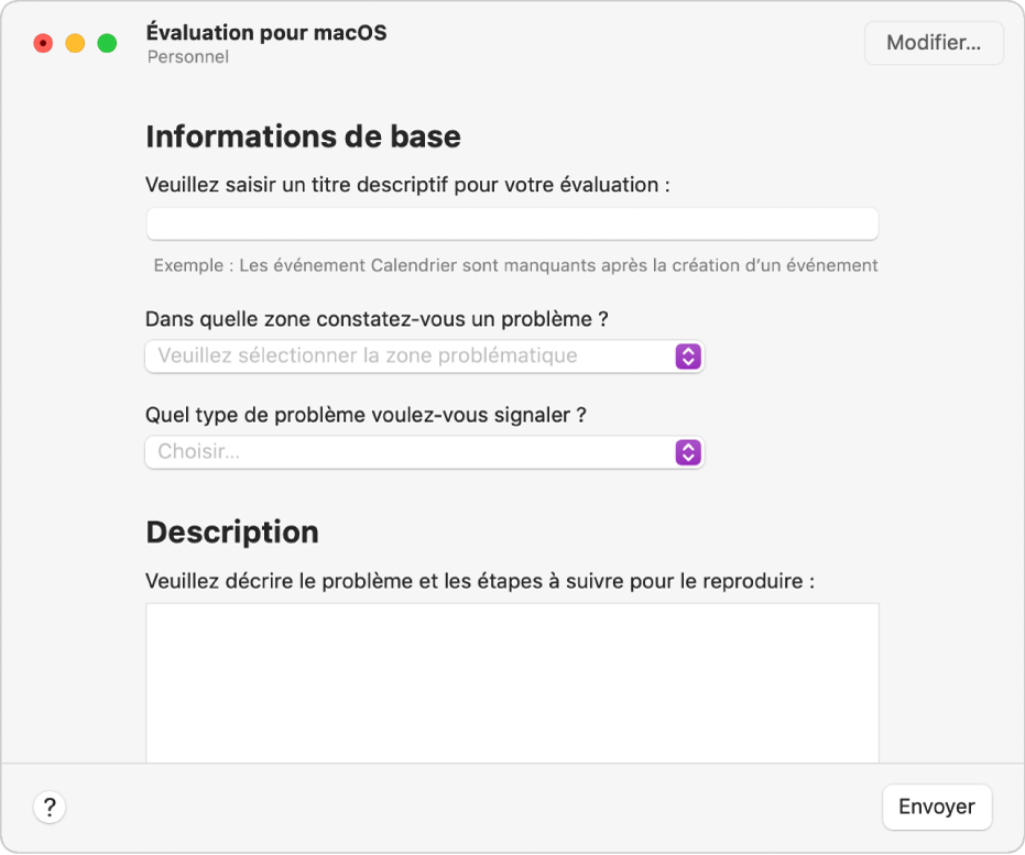 Formulaire d’évaluation affichant les champs des informations de base et de la description.
