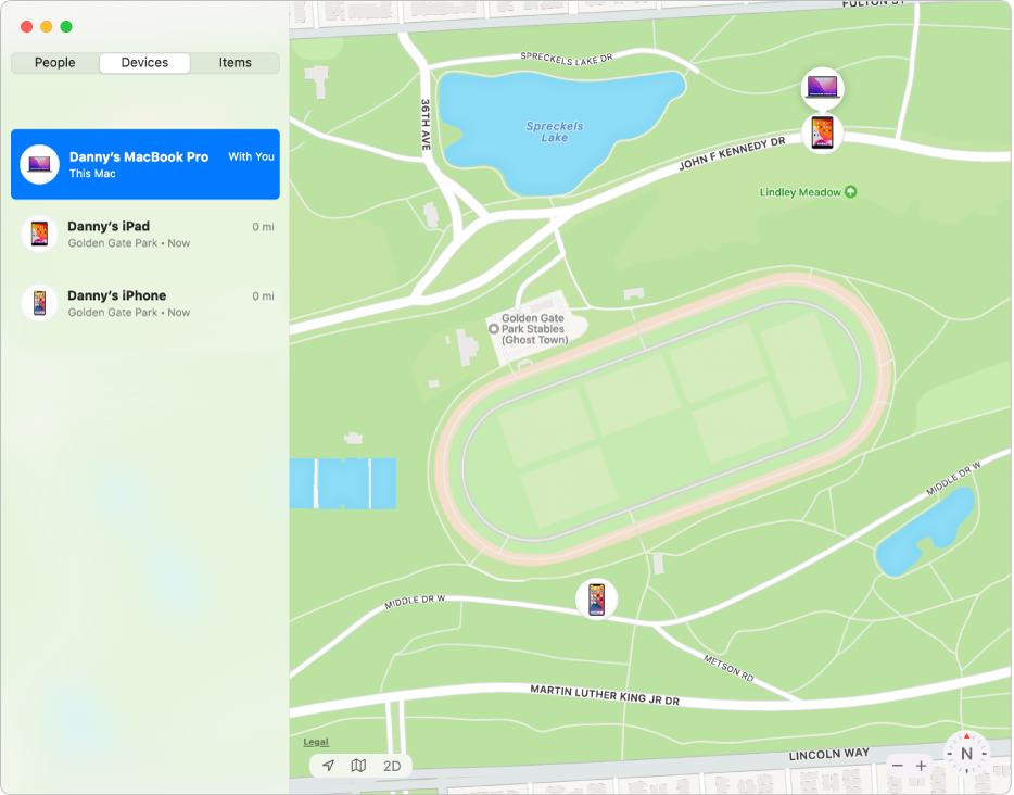 The Find My app showing a list of devices in the sidebar and their locations on a map on the right.